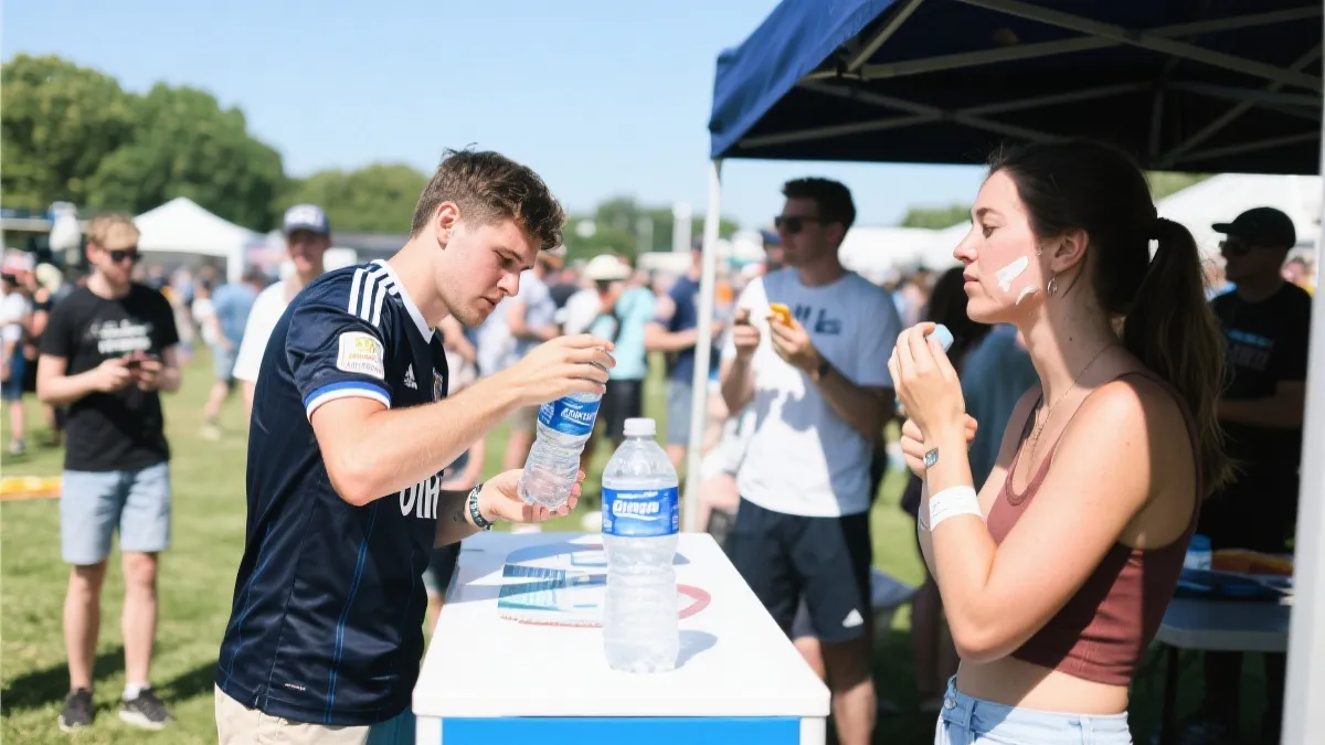 球迷在补水点取水、有人在阴影下补涂防晒的现场场景