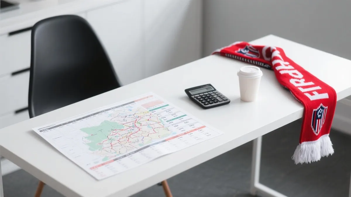 球迷在城市中做旅行预算与订票规划的桌面场景