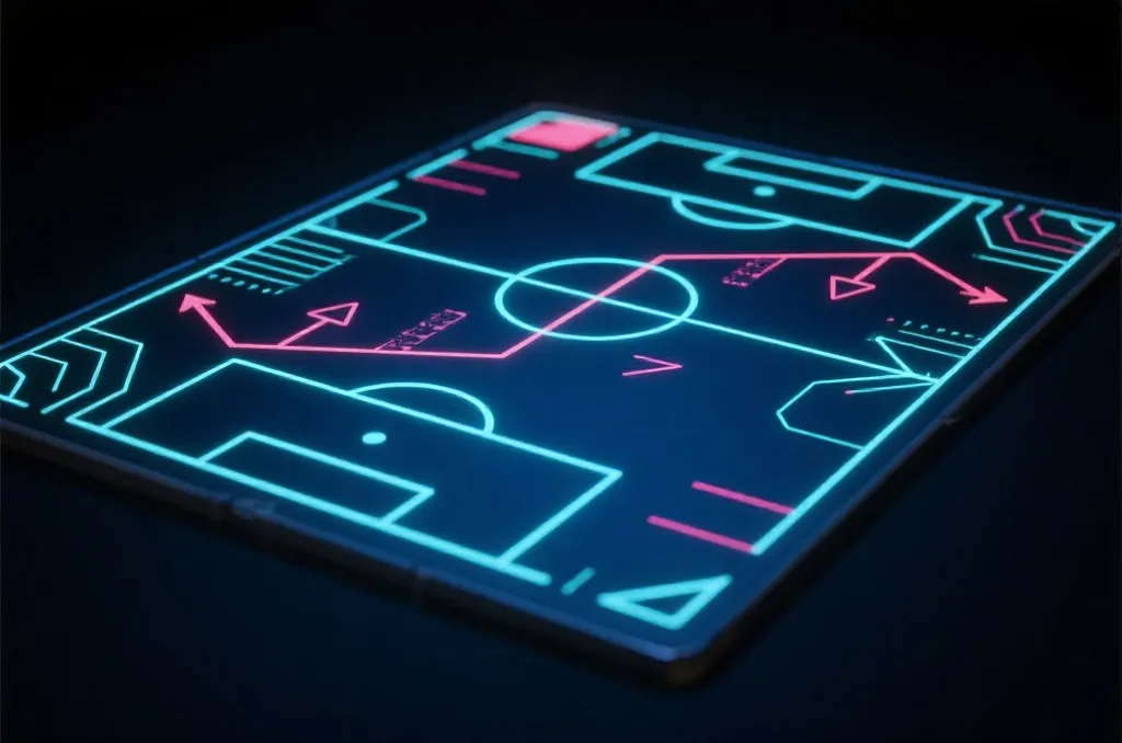 Abstract glowing soccer field tactical board showing strategy lines and arrows
