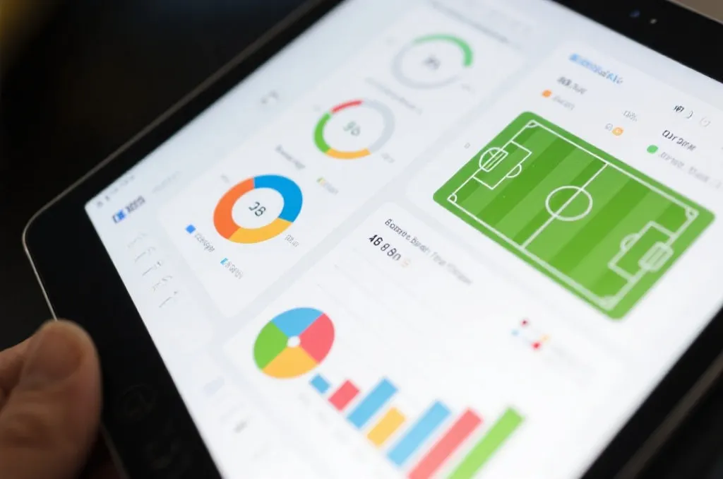 Sports analytics dashboard with colorful charts and football field diagram on a tablet