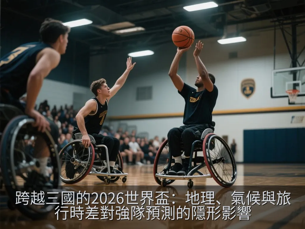 一個現代化的足球場模型，旁邊帶有象徵氣溫的溫度計與象徵海拔高度的計量表，展現環境因素對體能的影響
